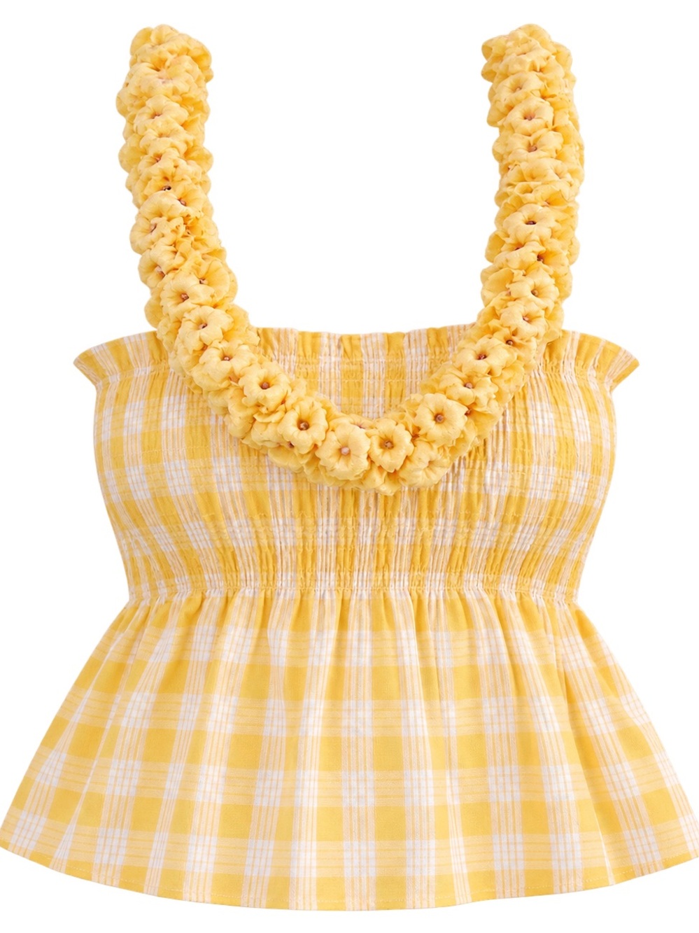 Smocked Yellow Gingham Floral-Strap Casual Top